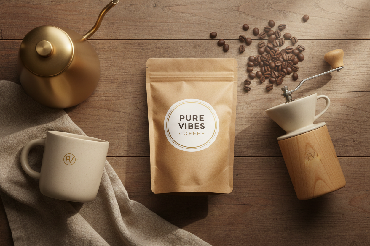 Pure Vibes Coffee Starter Kit flatlay with beans, mug, and accessories